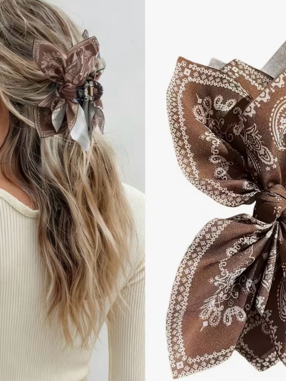 Stylish coffee and Paisley print clip bow new